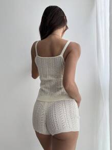 Sunnyshic Sexy & Cute Backless Camisole Top With Embroidery & Matching Embroidered Knit Shorts 2 Pieces Set, Versatile For Vacation - Apricot - View 3