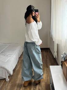 StreetHx 女士斜肩薄款卫衣，长袖，骷髅朋克亚文化白色卫衣，春秋 - 白色 - 查看 2