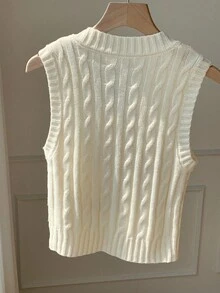 女式字母刺绣麻花V领休闲针织背心，秋季女装女式麻花针织背心 - 杏色 - 查看 2