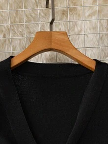 DreamSkyne Cardigan de malha listrado com manga flare e calça de malha plus size feminino, terno casual - Preto - Ver 6
