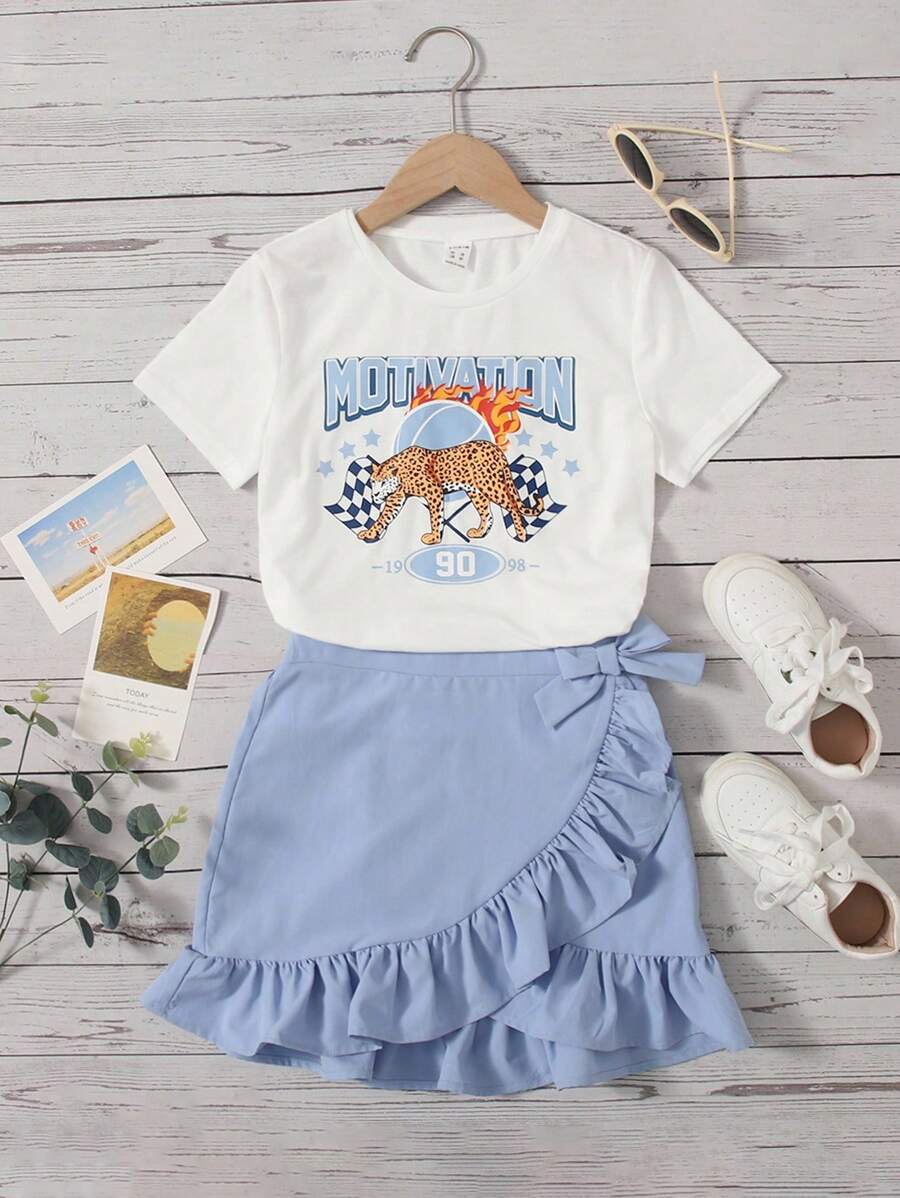 SHEIN Tween Girl Letter & Leopard Print Tee & Ruffle Trim Tie Side Wrap Skirt - Blue and White - View 1