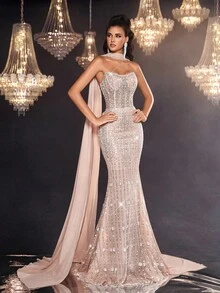 Glamrae Váy đuôi cá hở vai đính ngọc trai và sequin sang trọng, quyến rũ, thanh lịch, gợi cảm kèm khăn voan có thể tháo rời, thích hợp cho đám cưới, tiệc tùng, kỳ nghỉ, dạ tiệc, sự kiện trang trọng (trang trí đậm) - Rượu sâm banh - Xem 6