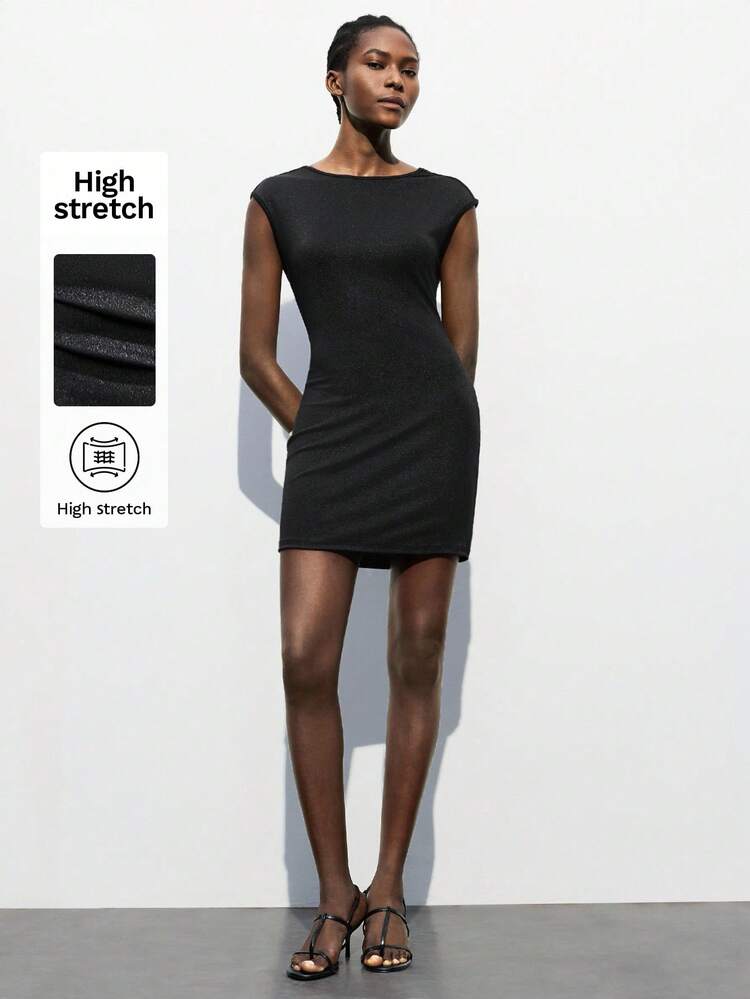 SHEIN Maija Women's Black Backless Design Summer Bodycon Dress, Versatile, Modern, Elegant Urban Fashion, Comfortable Fitted Silhouette, Metal Decoration, Suitable For Business Casual, Social Events, Concerts, Cruises Elegant And Intellectual Female Wedding Guest Dress Outfit And Beautiful French Slouchy High-End Sense Of Intelligence And Elegance Old Money Style Vacation Wear