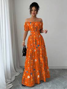 Elenzga Standard Size Women's Backless Tie Design Off Shoulder Elegant Long Dress - Orange - View 6