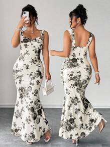 Elenzga 永不过时的怪异优雅系列（Woe Is Me Vibes）（星期三美学）优雅花卉印花垂坠领长裙 - 白色 - 查看 1