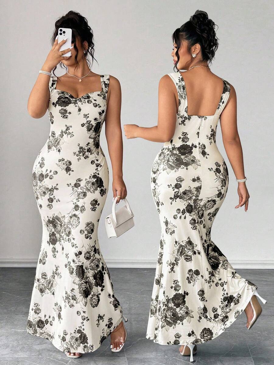 Elenzga 永不过时的怪异优雅系列（Woe Is Me Vibes）（星期三美学）优雅花卉印花垂坠领长裙 - 白色 - 查看 1