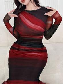 Modelyn 优雅扎染图案女式紧身连衣裙 - 紅色 - 查看 2