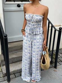 SHEIN Unity 度假休闲印花系带复古抹胸上衣+阔腿裤两件套 - 藍白色 - 查看 4