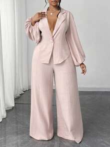 Maweii Plus Size Elegant Commuter Solid Color Lantern Sleeve Jacket And Pants 2 Pieces Set