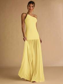 SHEIN BAE 女士杏色不对称肩部金属扣装饰紧身连衣裙，透明下摆，优雅 - 黃色 - 查看 6