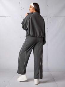 Exploreva 女士运动套装、返校装、毕业典礼、返校装、女士运动和瑜伽时尚运动服女士套装、慢跑和户外休闲装女士健身套装女士健身套装宽松版型、夹克和裤子套装、运动服 Y2k、 - 灰色 - 查看 2