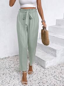 SHEIN Frenchy Damen lange Hose mit einfachem, Einfarbigem Design und Schleifenband für den täglichen Gebrauch - Grün - Übersicht 2