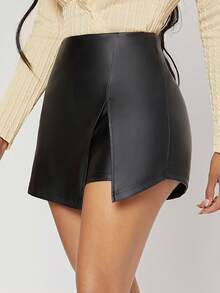 SHEIN SXY 春夏双层下摆PU皮黑色紧身裙裤 - 黑色 - 查看 3