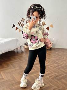SHEIN 2pcs/Set Young Girl Ditsy Floral Hooded Sweatshirt And Leggings Casual Outfit  Tracksuit Fall Winter - Apricot - View 7