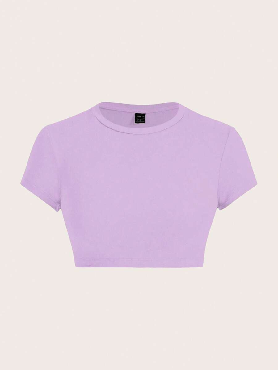 SHEIN ICON 紫色休闲简约图案圆领短袖修身短款女式T恤 - 紫色 - 查看 1