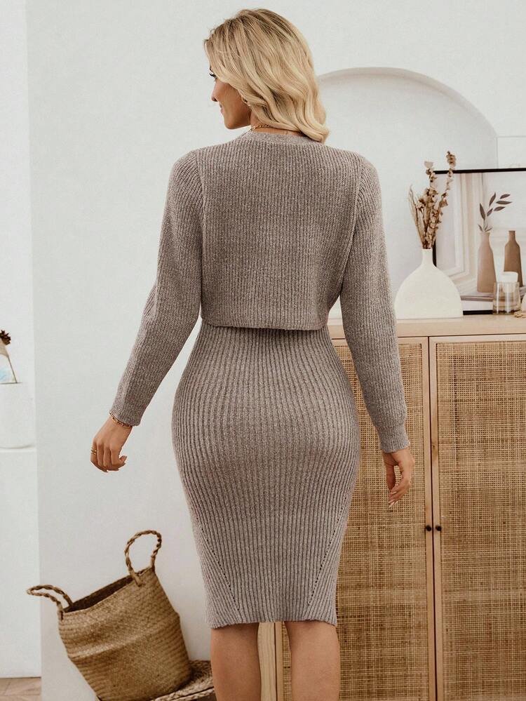 Conjunto de 2 piezas de suéter de unicolor con top corto de manga larga y vestido mini sin mangas, conjunto de 2 piezas acanalado, conjunto de 2 piezas de punto marrón, vestido con conjunto de cárdigan, conjunto de vestido de punto acanalado, ropa de invierno para mujer, chaqueta de invierno para mujer, ropa de invierno para mujer, ropa de otoño para mujer, ropa de invierno para mujer, tops de invierno, ropa casual de negocios para mujer, atuendos de oficina para mujer