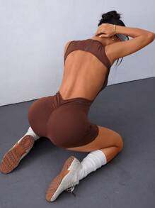 Easithlete Tight Hollow-Out Jumpsuit For Women, Suitable For Yoga & Outdoor Activities - Brown - View 5