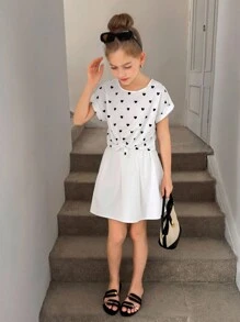 SHEIN Tween Girls' Woven Heart Pattern Round Neck Batwing Sleeve Casual Shirt - Multicolor - View 6