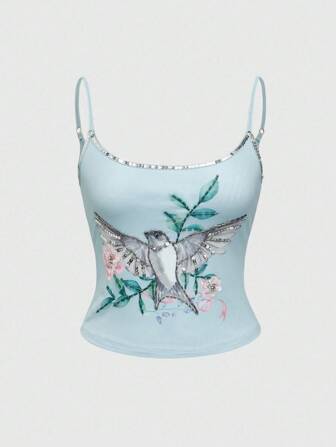 ROMWE Avant Nouveau style chinois Débardeur brodé de fleurs avec perles