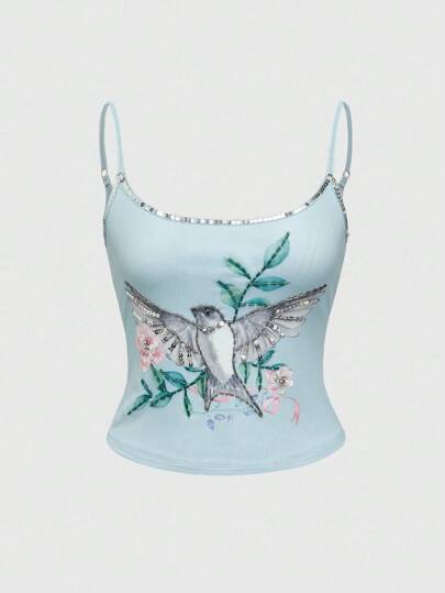 ROMWE Avant Nuovo stile cinese, canotta con ricamo floreale e perline