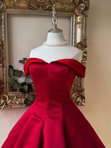 SHEIN Belle Elegante y lujoso vestido rojo con hombros descubiertos y parches de satén con diseño evasé para boda, fiesta, vacaciones, baile de graduación (con adornos elaborados), vestido semi formal para cumpleaños, invitado de boda, fiesta de graduación - Rojo - Ver 4