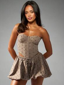 MISSGUIDED 细条纹圆点泡泡下摆短裤束身衣上衣气球迷你复古风格下装节日夏季假日泡泡迷你时尚短裤派对场合晚装 - 卡其色 - 查看 4