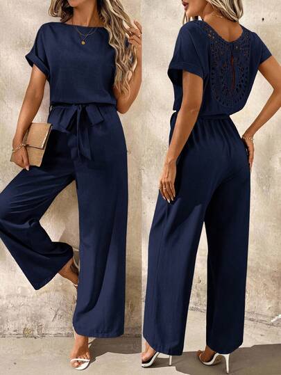 SHEIN Clasi Women's Vacation Floral Lace Trim Round Neck Batwing Sleeve Loose Jumpsuit