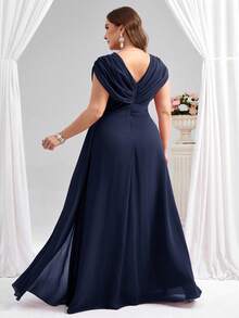 Coutiva Abito lungo elegante da madre della sposa con scollo a V, taglie comode - Blu Navy - Visualizzare 2
