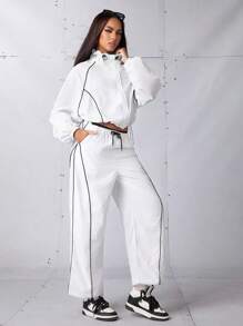 SHEIN Sports 女士运动套装、返校装、毕业典礼、返校装、女士运动和瑜伽时尚运动服女士套装、慢跑和户外休闲装女士健身套装女士健身套装宽松版型、夹克和裤子套装、运动服 - 白色 - 查看 7