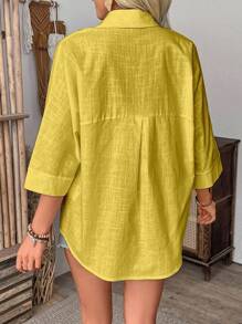 EMERY ROSE 女士简约纯色纽扣宽松袖口衬衫 女士休闲春季宽松纽扣衬衫 女士纽扣衬衫 女士夏季衬衫 亚麻纽扣衬衫 女士黄色亚麻衬衫 - 黃色 - 查看 2