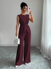 Elenzga 女士优雅办公室通勤休闲下午茶派对装，领腰金属扣可调节肩部金属扣装饰不对称下摆分层衬衫搭配宽松阔腿裤，两件套，春夏 - 紫紅色 - 查看 3