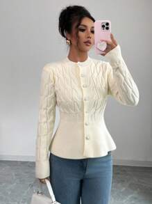 Selianne Autumn Elegant Off-White Soft Cable Knit Cardigan,Korean Style Single-Breasted Waist Cinched Ruffle Button Front Top,Minimalist Loose Brunch Sweater - Beige - View 5
