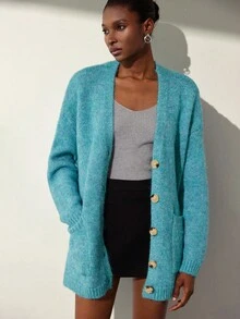 Aveloria Modichic Áo len cardigan dệt kim cỡ lớn mềm mại và ấm áp màu xanh biển, dài vừa, thu/đông - Màu xanh lam - Xem 3