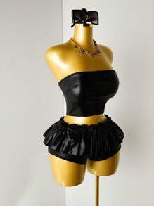 BamGleam Chic Autumn Summer Sexy Solid Color Ruffle Hem Mini Shorts - Black - View 4