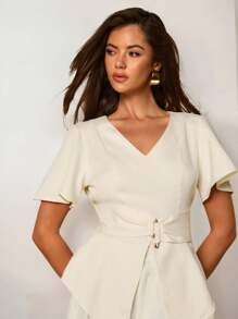 COSMINA Ropa de mujer de otoño, blusa elegante de mujer con cuello en V y botones metálicos en la cintura, para uso diario en las cuatro estaciones, blusas para salir, casual de negocios para mujer