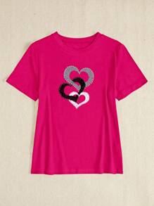 Maweii Plus Size Women's Casual Heart Print T-Shirt, Summer - Hot Pink - View 4