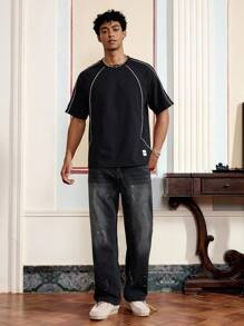 Manfinity VCAY 男士休闲撞色短袖T恤 - 黑色 - 查看 4