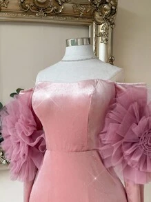 SHEIN Belle Elegante y hermoso vestido de manga larga con decoración de flor tridimensional personalizada, cubierta de cadera, con hombro descubierto y capas de malla exagerada con brillantes rosas en estilo loto, adecuado para fiesta de gala, fiesta de compromiso, cóctel, graduación, cena y baile de promoción - Rosa vieja - Ver 6