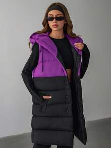 EURMUSE Padded Jacket Contrast Up And Drawstring With Hood And Pockets, Casual Vests - Multicolor - View 5