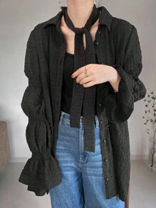 FRIFUL Women's Solid Color Ruffle Sleeve Single-Breasted Loose Casual Shirt Long Sleeve Top - Black - View 2