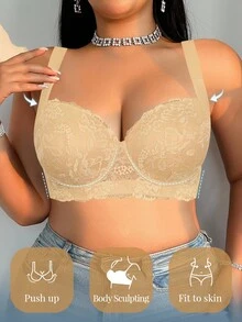 DesireSculpt 1pc Plus Size Lace Comfortable Seamless Supportive Underwire Bra, Lift