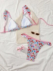 Swim Mod 大码女式两件套，碎花可爱复古风荷叶边设计，适合夏季海滩度假 - 彩色 - 查看 2