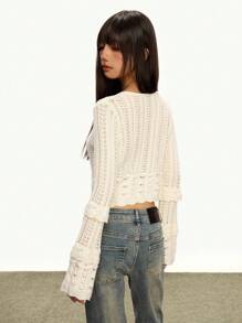 INAWLY Women's Fashionable Vintage Elegant Bowknot Knitted Hollow Out Cardigan Fall Winter Cloth For Women - White - View 3