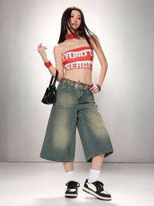 SHEIN ICON Women's Casual Loose Denim Wide-Leg 7/8 Length Jeans, Blue, Western Wear Women