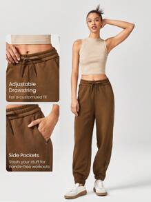 GLOWMODE 26 英寸日常羊毛宽松可调节抽绳腰部褶皱下摆慢跑裤带侧袋日常休闲 - 棕色 - 查看 4