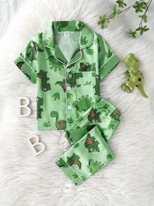2 Stücke Kleine Jungen Lässig Loungewear Set mit süßem Dinosaurier Muster, Kurzarm Shirt und Hose