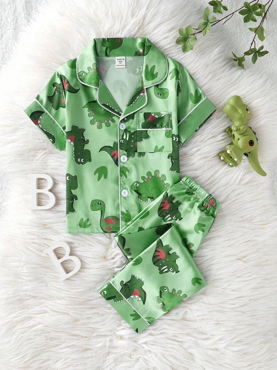 2 Stücke Kleine Jungen Lässig Loungewear Set mit süßem Dinosaurier Muster, Kurzarm Shirt und Hose