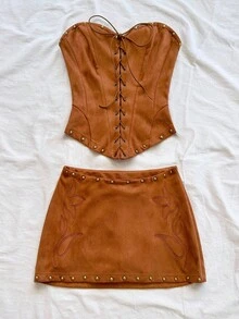 Soleia 女士性感抹胸绒面革铆钉解构短款上衣和低腰迷你裙 2 件套，适合节日派对、圣诞节、约会、夜总会、海滩、游轮、下午茶、波西米亚风、波西米亚风、浪漫花卉、度假 - 棕色 - 查看 6