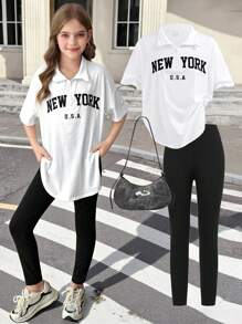SHEIN Ensemble de 2 pièces pour jeune fille, style streetwear, t-shirt demi-zip avec col et legging noir unicolore, pour le port casual quotidien - Blanc - Voir 13