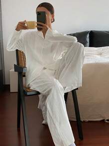 DAZY 条纹波点纹理面料撞色刺绣装饰优雅女士睡衣套装，秋冬服装 - 白色 - 查看 3